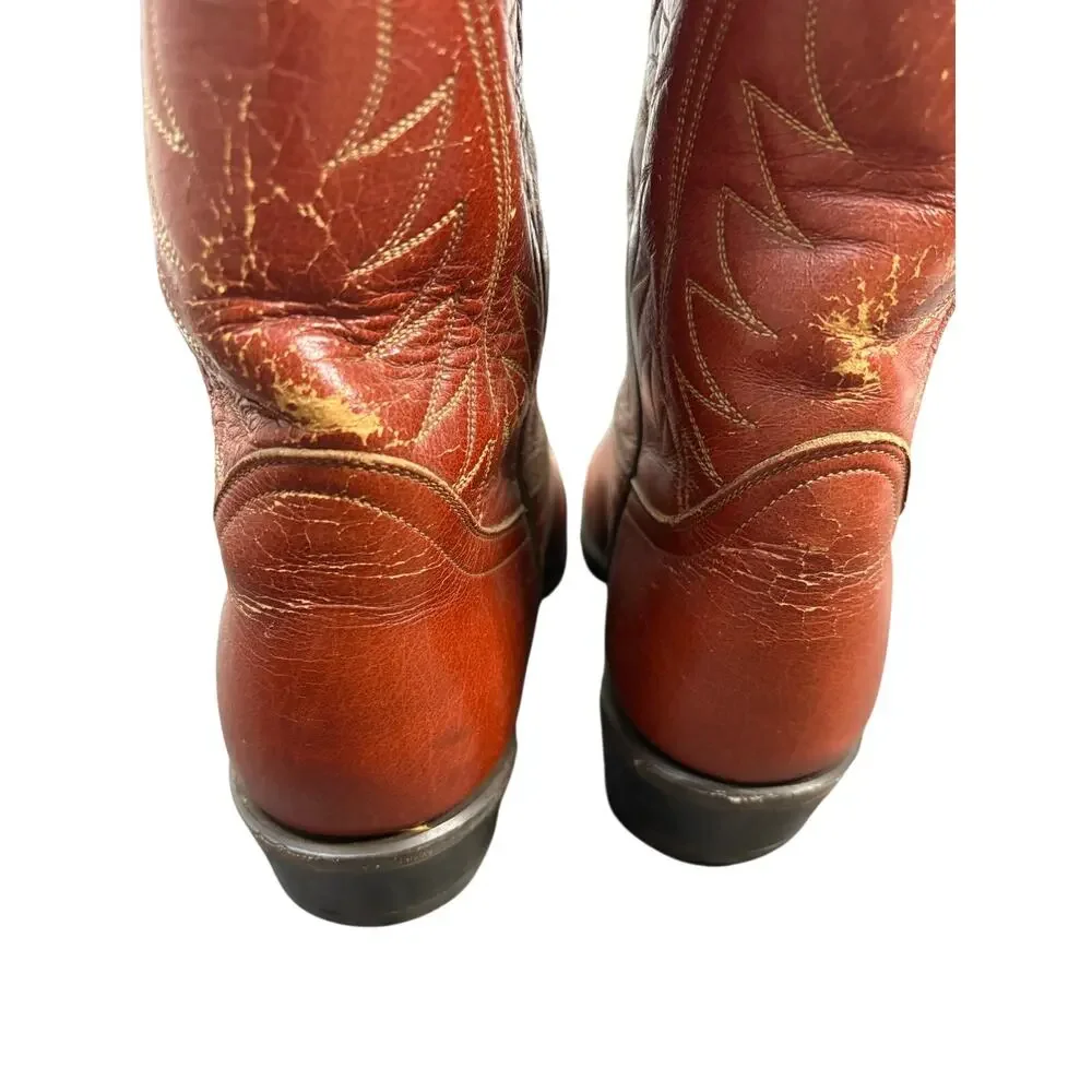 Tony Lama Cowboy Boot Cognac Distressed Leather USA Western Heritage Vintage 9.5